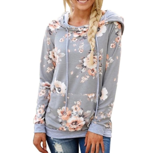 Tops - Floral Printed Long Sleeve Drawstring Sweatshirt